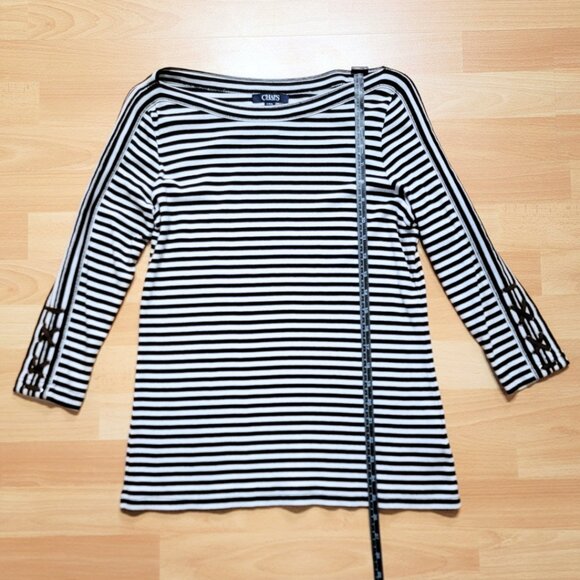 Chaps Black White Striped Suede-like Tie Up Embellished 3/4 Sleeves | Large - Picture 4 of 17